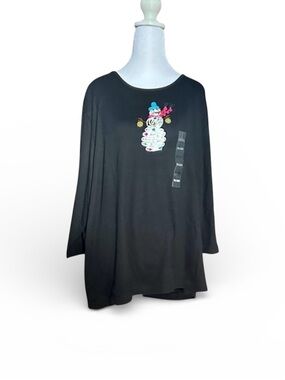 NWT Classic Elements Christmas Snowman 3/4 Sleeve Shirt Black Plus Size 26/28W